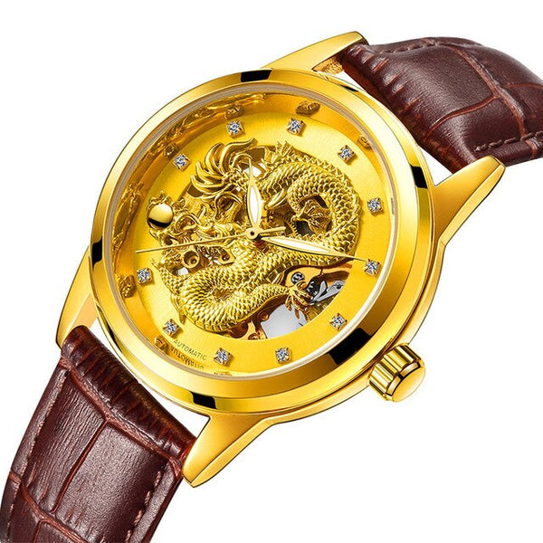 Luxury Top Brand Dragon Design Automatic Watch Men Skeleton Gold Full Stainless steel Wristwatch Mechanical Skeleton Steampunk | Vimost Shop.