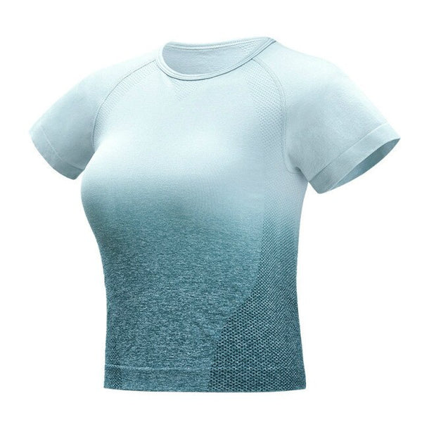 Gradient Sport Short-Sleeve Shirts Women Slim O-neck Fitness Gym Crop Tops T-shirt Quick Dry Seamless Athletic Tee