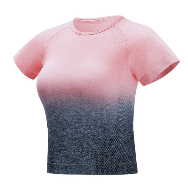 Gradient Sport Short-Sleeve Shirts Women Slim O-neck Fitness Gym Crop Tops T-shirt Quick Dry Seamless Athletic Tee