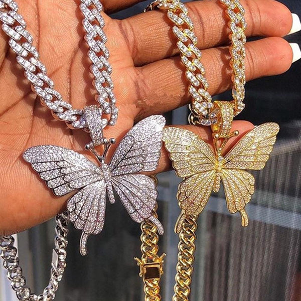 Iced Out Butterfly Necklace Chain for Women Wholesale New Crystal Rhinestone Pink Gold Cuban Link Choker Necklace Party | Vimost Shop.