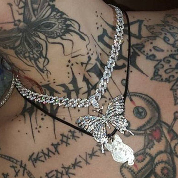 Iced Out Butterfly Necklace Chain for Women Wholesale New Crystal Rhinestone Pink Gold Cuban Link Choker Necklace Party | Vimost Shop.
