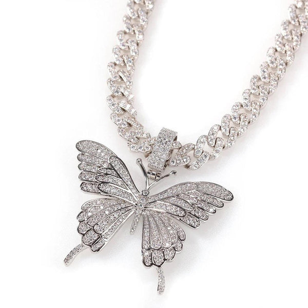 Iced Out Butterfly Necklace Chain for Women Wholesale New Crystal Rhinestone Pink Gold Cuban Link Choker Necklace Party | Vimost Shop.