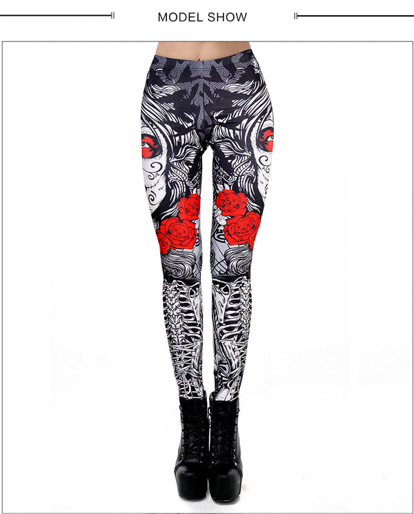 Halloween Sugar Skull Leggings For Women Girl Rose Print Fantastic Workout Party Ankle Pant | Vimost Shop.