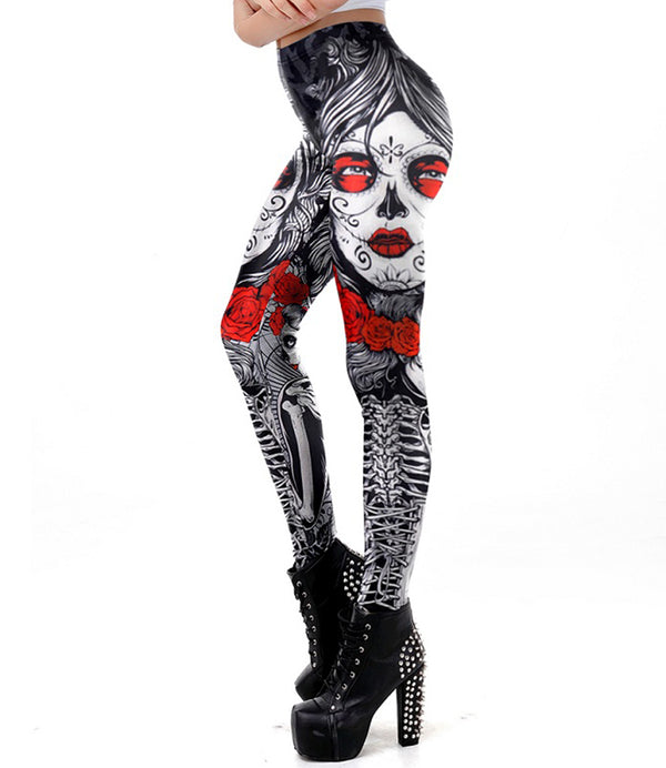 Halloween Sugar Skull Leggings For Women Girl Rose Print Fantastic Workout Party Ankle Pant | Vimost Shop.