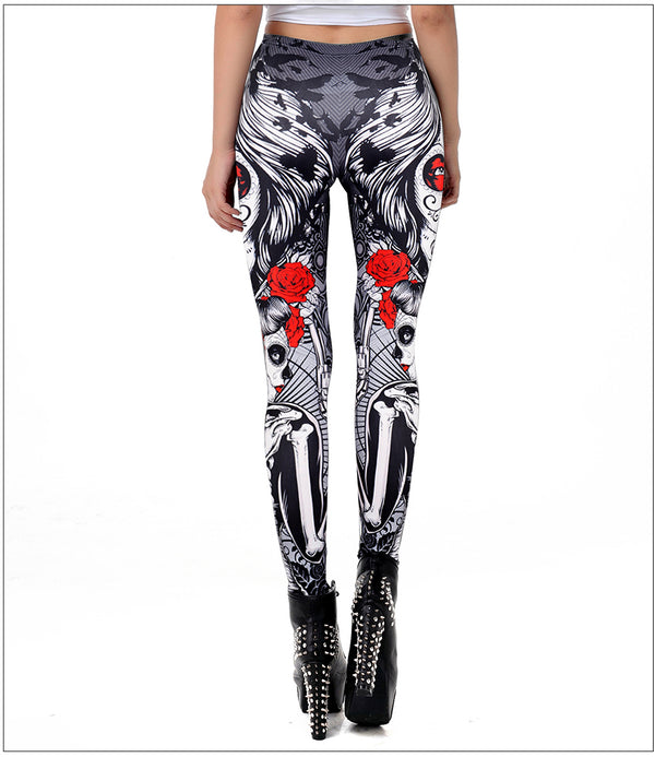 Halloween Sugar Skull Leggings For Women Girl Rose Print Fantastic Workout Party Ankle Pant | Vimost Shop.