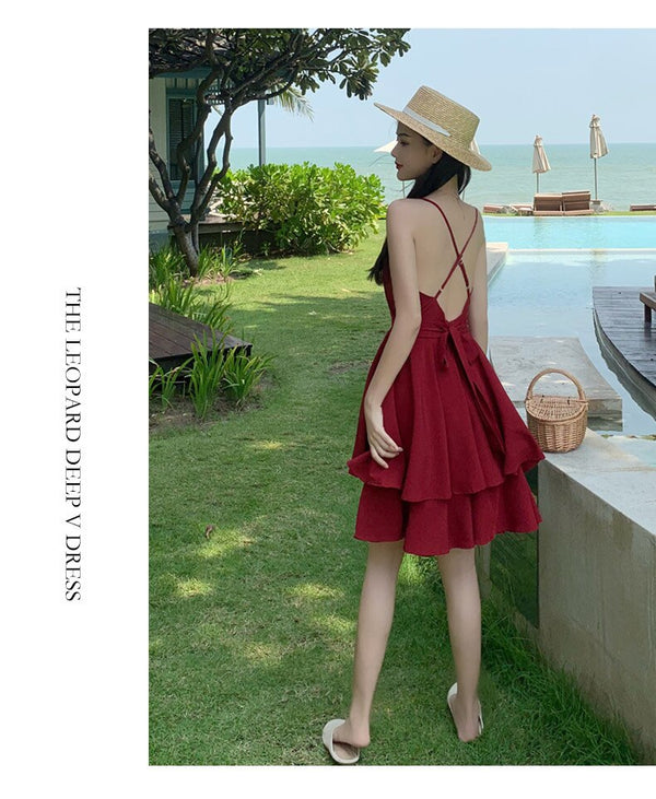 Summer Ruffles Sexy Dress Women Red Spaghetti Strap V Neck Backless Dresses Mini Zipper Club Party Female Dress Vestidos | Vimost Shop.