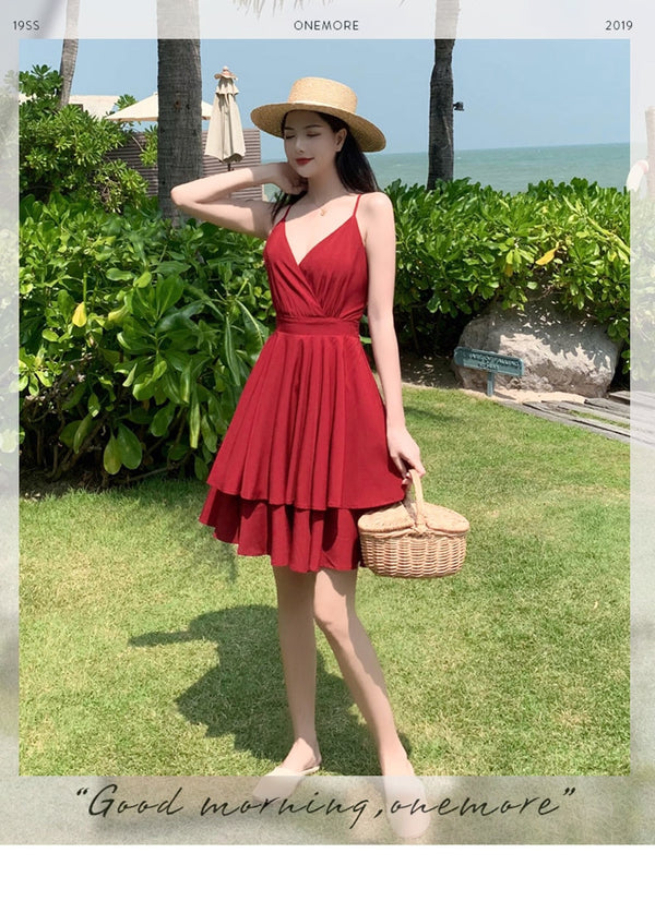 Summer Ruffles Sexy Dress Women Red Spaghetti Strap V Neck Backless Dresses Mini Zipper Club Party Female Dress Vestidos | Vimost Shop.