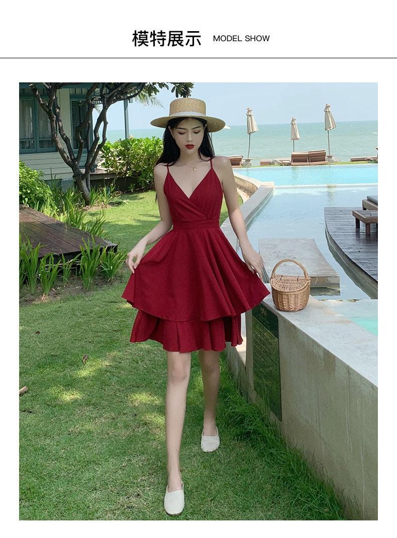 Summer Ruffles Sexy Dress Women Red Spaghetti Strap V Neck Backless Dresses Mini Zipper Club Party Female Dress Vestidos | Vimost Shop.