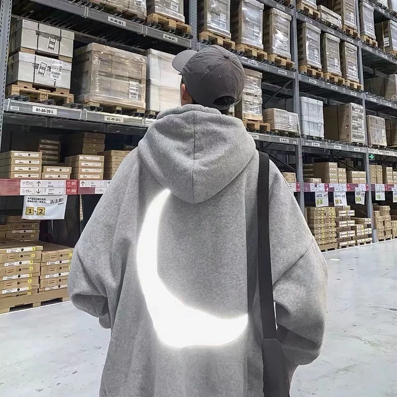 Moon Reflective print Hoodies Men's Sweatshirt Orange Autumn Winter Sweatshirts Men Streetwear Cool korean Loose Hoodies Male | Vimost Shop.