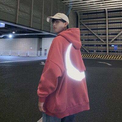 Moon Reflective print Hoodies Men's Sweatshirt Orange Autumn Winter Sweatshirts Men Streetwear Cool korean Loose Hoodies Male | Vimost Shop.