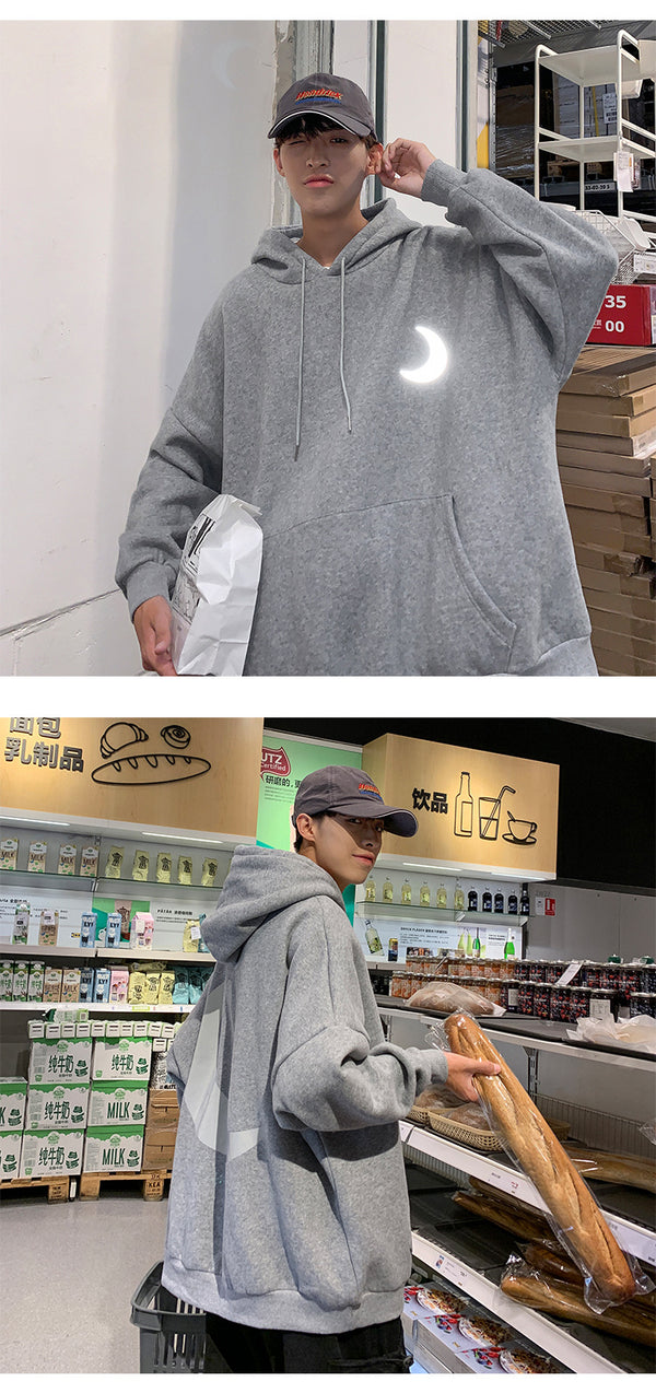 Moon Reflective print Hoodies Men's Sweatshirt Orange Autumn Winter Sweatshirts Men Streetwear Cool korean Loose Hoodies Male | Vimost Shop.