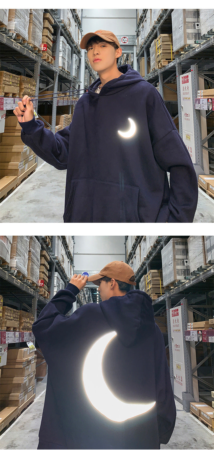 Moon Reflective print Hoodies Men's Sweatshirt Orange Autumn Winter Sweatshirts Men Streetwear Cool korean Loose Hoodies Male | Vimost Shop.