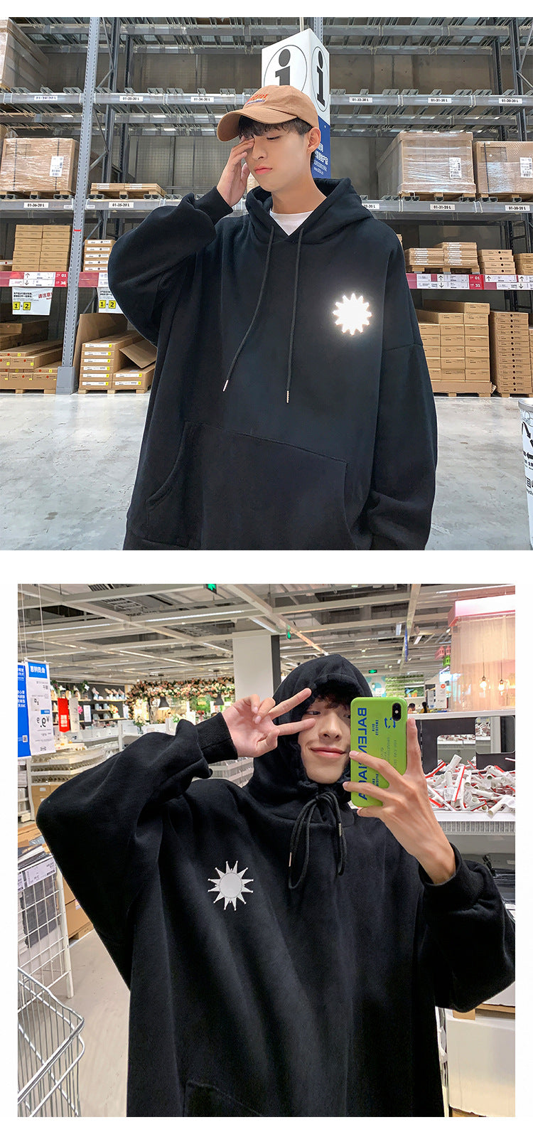 Moon Reflective print Hoodies Men's Sweatshirt Orange Autumn Winter Sweatshirts Men Streetwear Cool korean Loose Hoodies Male | Vimost Shop.