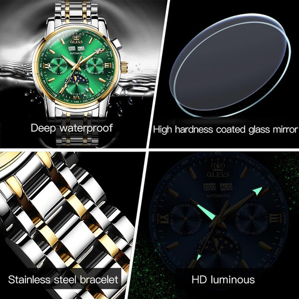Luxury Men Watches Automatic Green Watch Men Stainless Steel Waterproof Business Sport Mechanical Wristwatch | Vimost Shop.