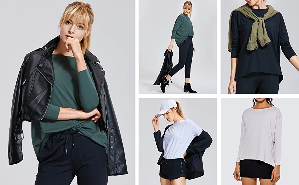 Long Sleeve Workout Shirts for Women Loose Fit-Pima Cotton Yoga Shirts, Casual Fall Tops Shirts