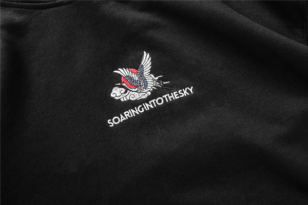 Japanese Crane Bird Embroidered Pullover Hooded Sweatshirts Hoodies Men Harajuku Hip Hop Hoodie Streetwear Tops | Vimost Shop.
