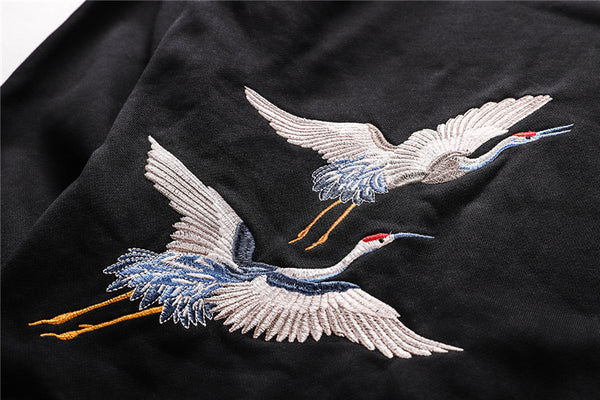 Japanese Crane Bird Embroidered Pullover Hooded Sweatshirts Hoodies Men Harajuku Hip Hop Hoodie Streetwear Tops | Vimost Shop.