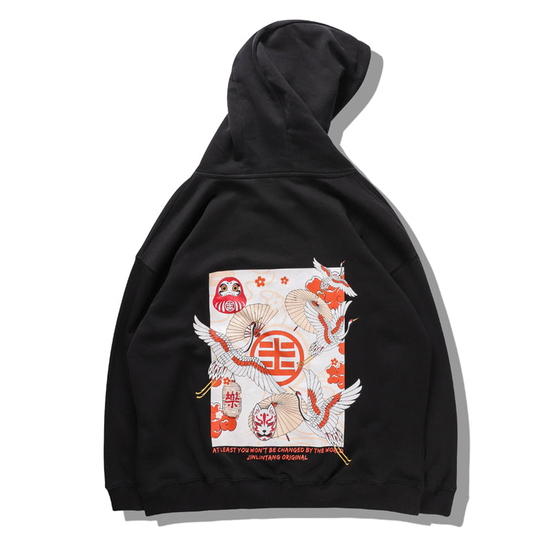 Japanese Style Crane Folding Fan Print Hooded Japan Ukiyo-e Sweatshirts Hoodies Harajuku Hip Hop Pullover Streetwear | Vimost Shop.