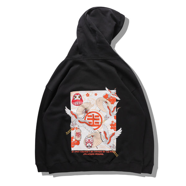 Japanese Style Crane Folding Fan Print Hooded Japan Ukiyo-e Sweatshirts Hoodies Harajuku Hip Hop Pullover Streetwear | Vimost Shop.