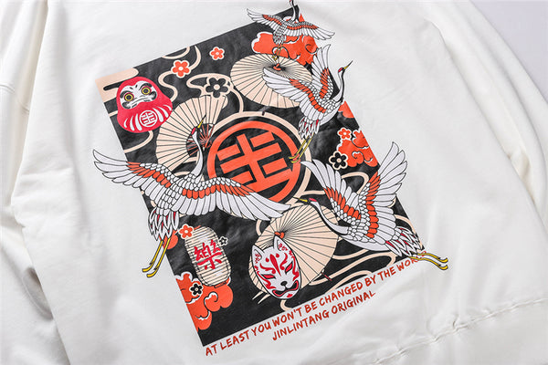 Japanese Style Crane Folding Fan Print Hooded Japan Ukiyo-e Sweatshirts Hoodies Harajuku Hip Hop Pullover Streetwear | Vimost Shop.