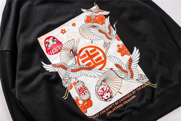 Japanese Style Crane Folding Fan Print Hooded Japan Ukiyo-e Sweatshirts Hoodies Harajuku Hip Hop Pullover Streetwear | Vimost Shop.