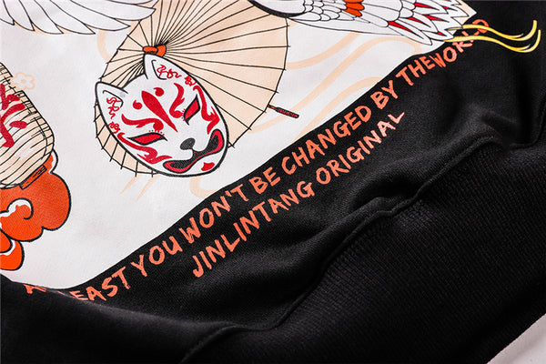 Japanese Style Crane Folding Fan Print Hooded Japan Ukiyo-e Sweatshirts Hoodies Harajuku Hip Hop Pullover Streetwear | Vimost Shop.
