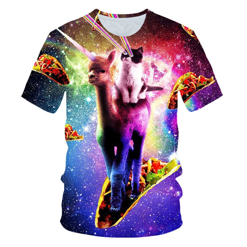 Galaxy Space 3D T Shirt Lovely Kitten Cat Eat Taco Pizza Funny Tops Tee Short Sleeve Summer Shirts | Vimost Shop.