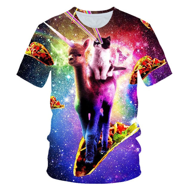 Galaxy Space 3D T Shirt Lovely Kitten Cat Eat Taco Pizza Funny Tops Tee Short Sleeve Summer Shirts | Vimost Shop.