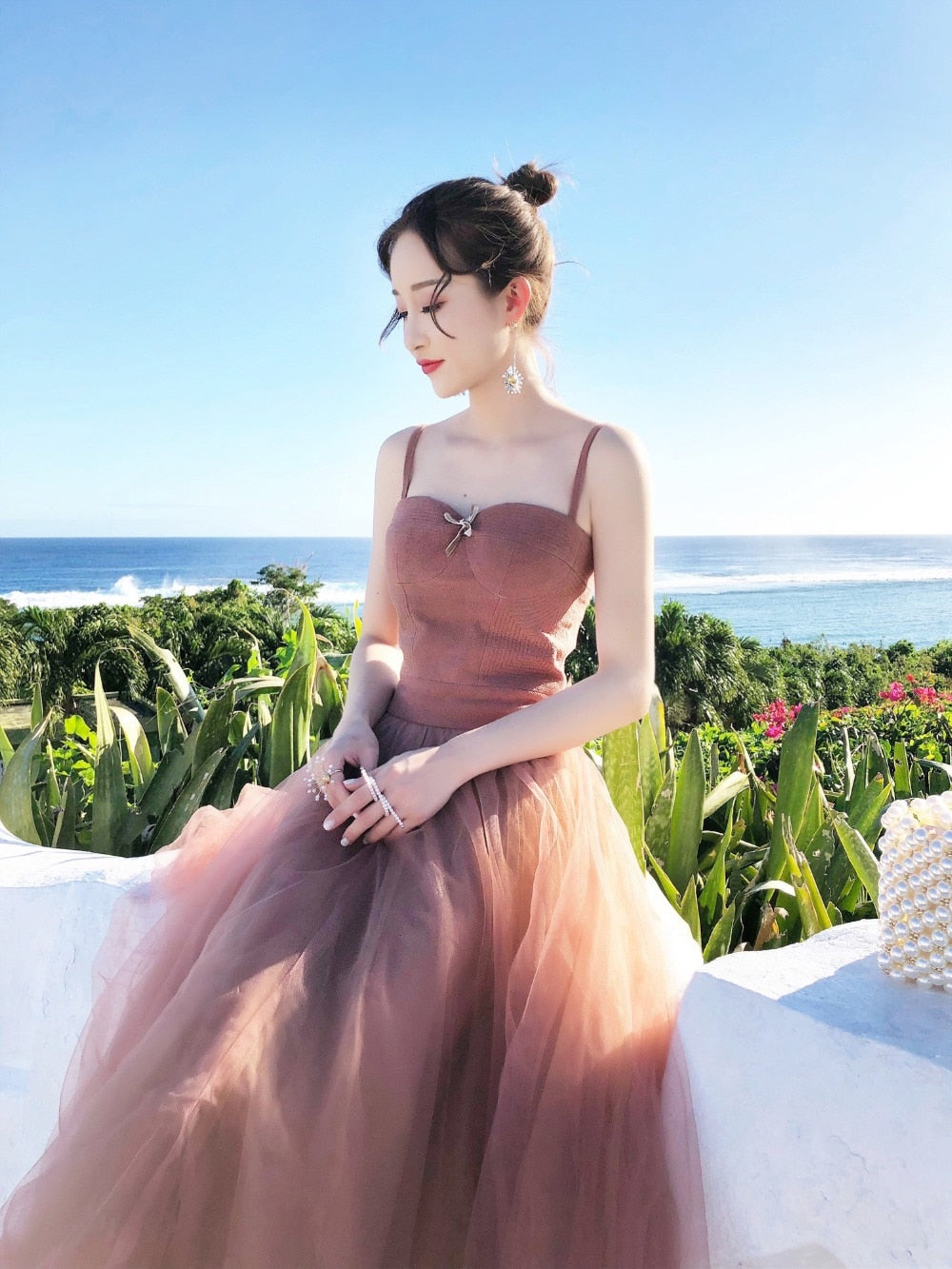 Spaghetti strap large swing Holiday Beach Long dress Fairy Sling Mesh Dress Female SummerSeaside High Waistdress | Vimost Shop.
