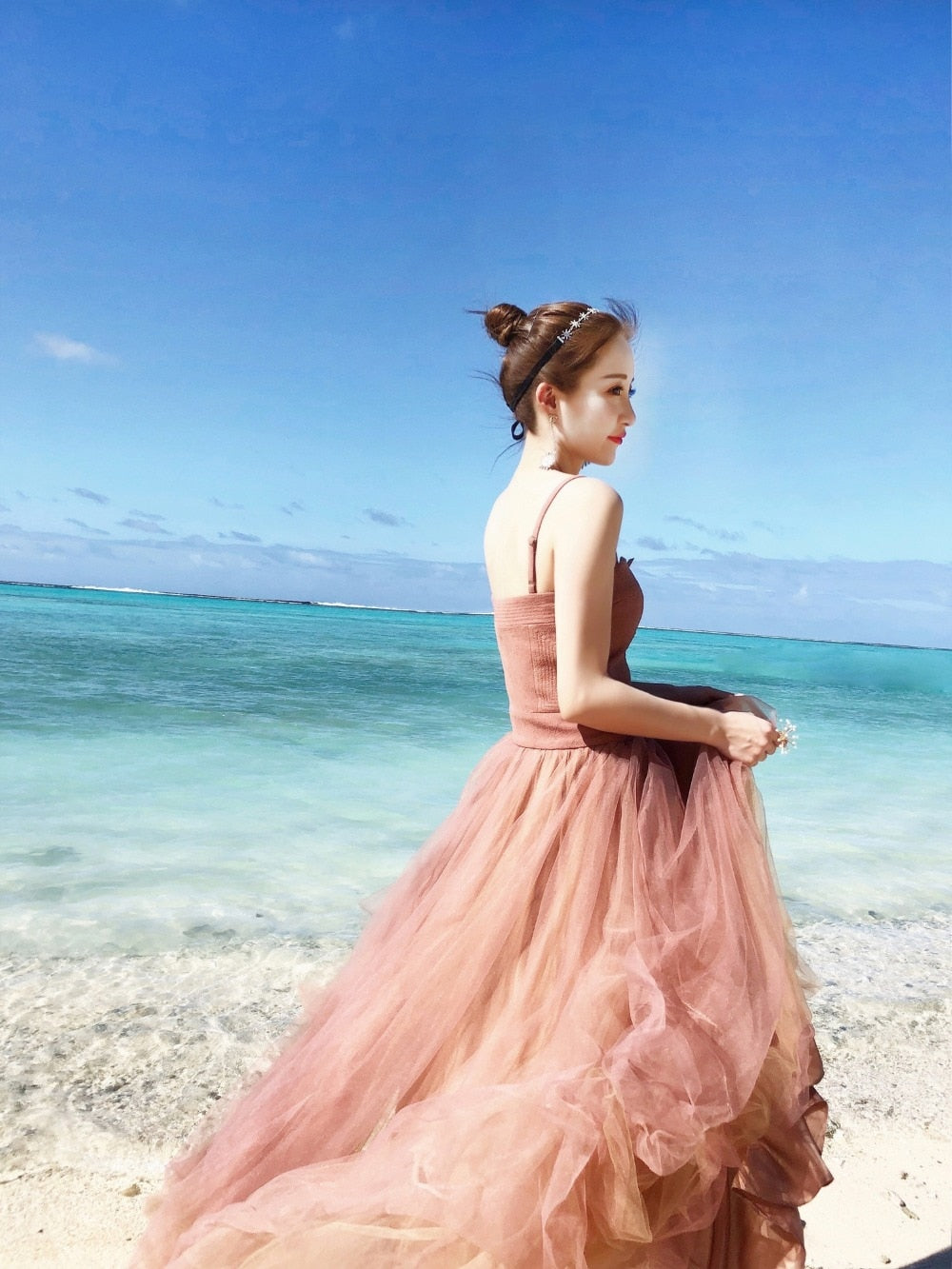 Spaghetti strap large swing Holiday Beach Long dress Fairy Sling Mesh Dress Female SummerSeaside High Waistdress | Vimost Shop.