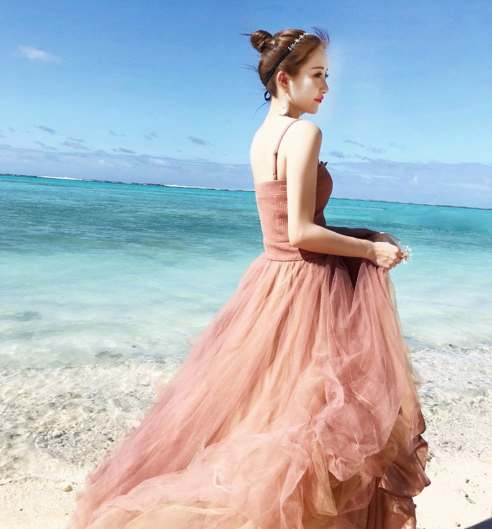 Spaghetti strap large swing Holiday Beach Long dress Fairy Sling Mesh Dress Female SummerSeaside High Waistdress | Vimost Shop.