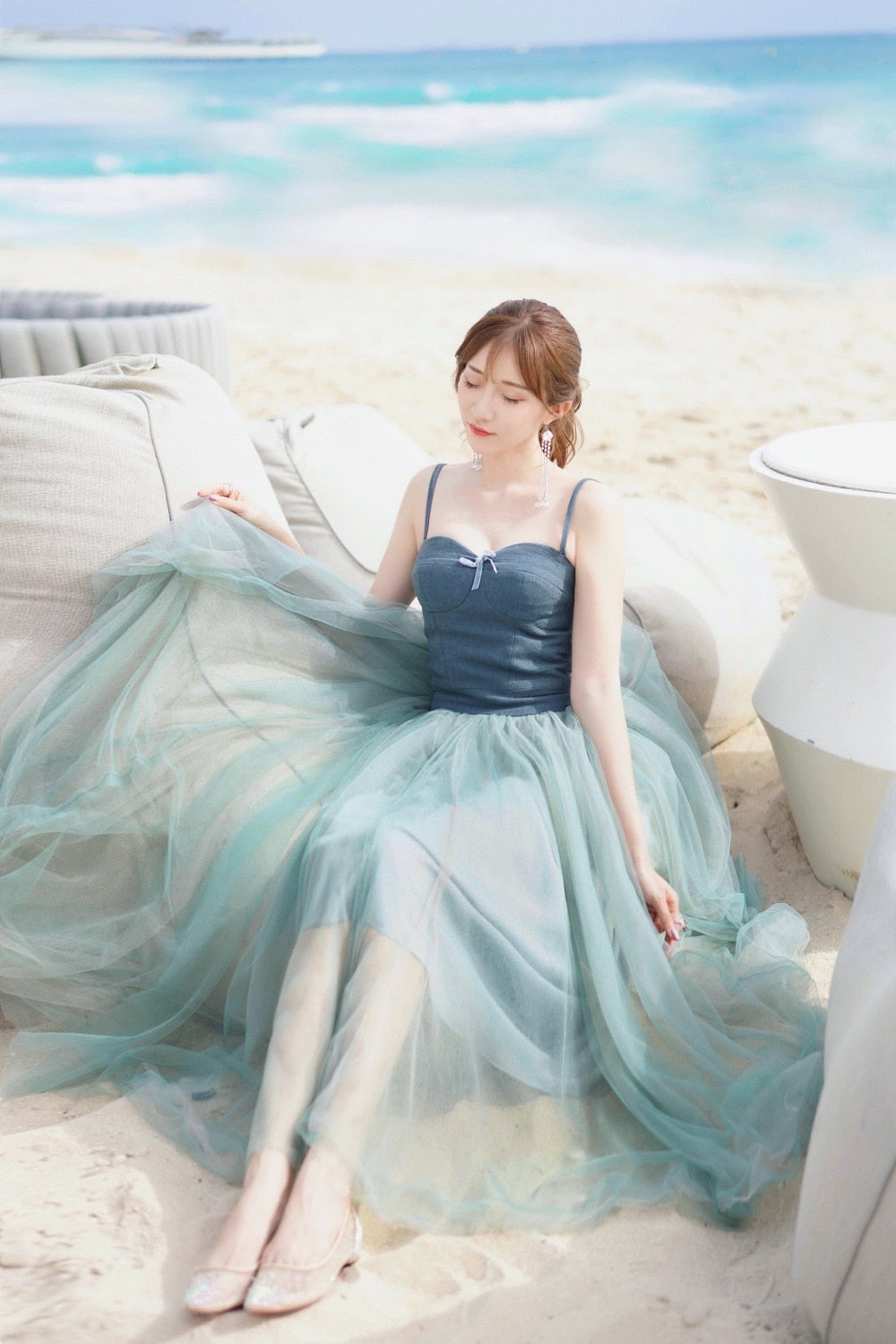 Spaghetti strap large swing Holiday Beach Long dress Fairy Sling Mesh Dress Female SummerSeaside High Waistdress | Vimost Shop.