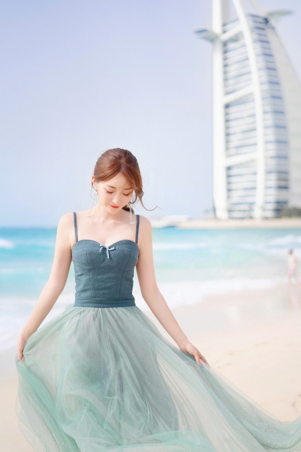 Spaghetti strap large swing Holiday Beach Long dress Fairy Sling Mesh Dress Female SummerSeaside High Waistdress | Vimost Shop.