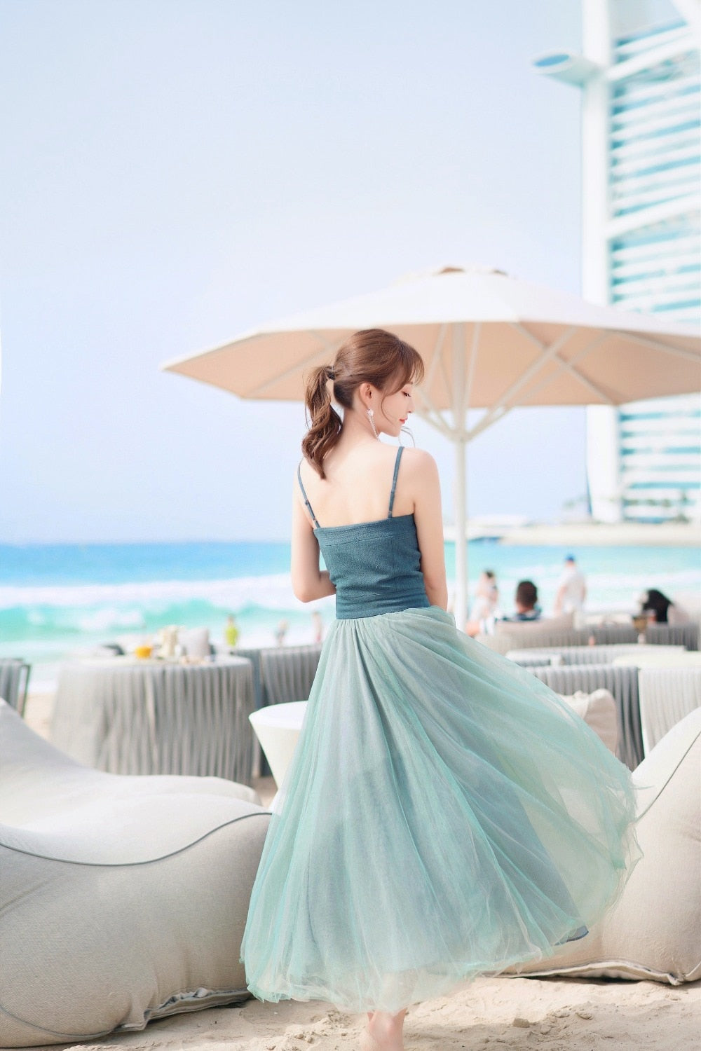 Spaghetti strap large swing Holiday Beach Long dress Fairy Sling Mesh Dress Female SummerSeaside High Waistdress | Vimost Shop.