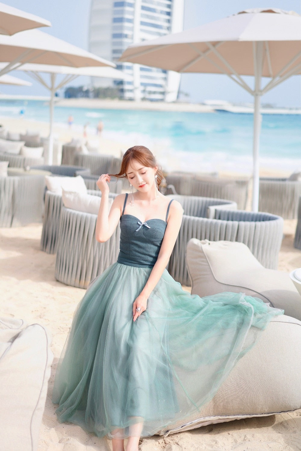 Spaghetti strap large swing Holiday Beach Long dress Fairy Sling Mesh Dress Female SummerSeaside High Waistdress | Vimost Shop.
