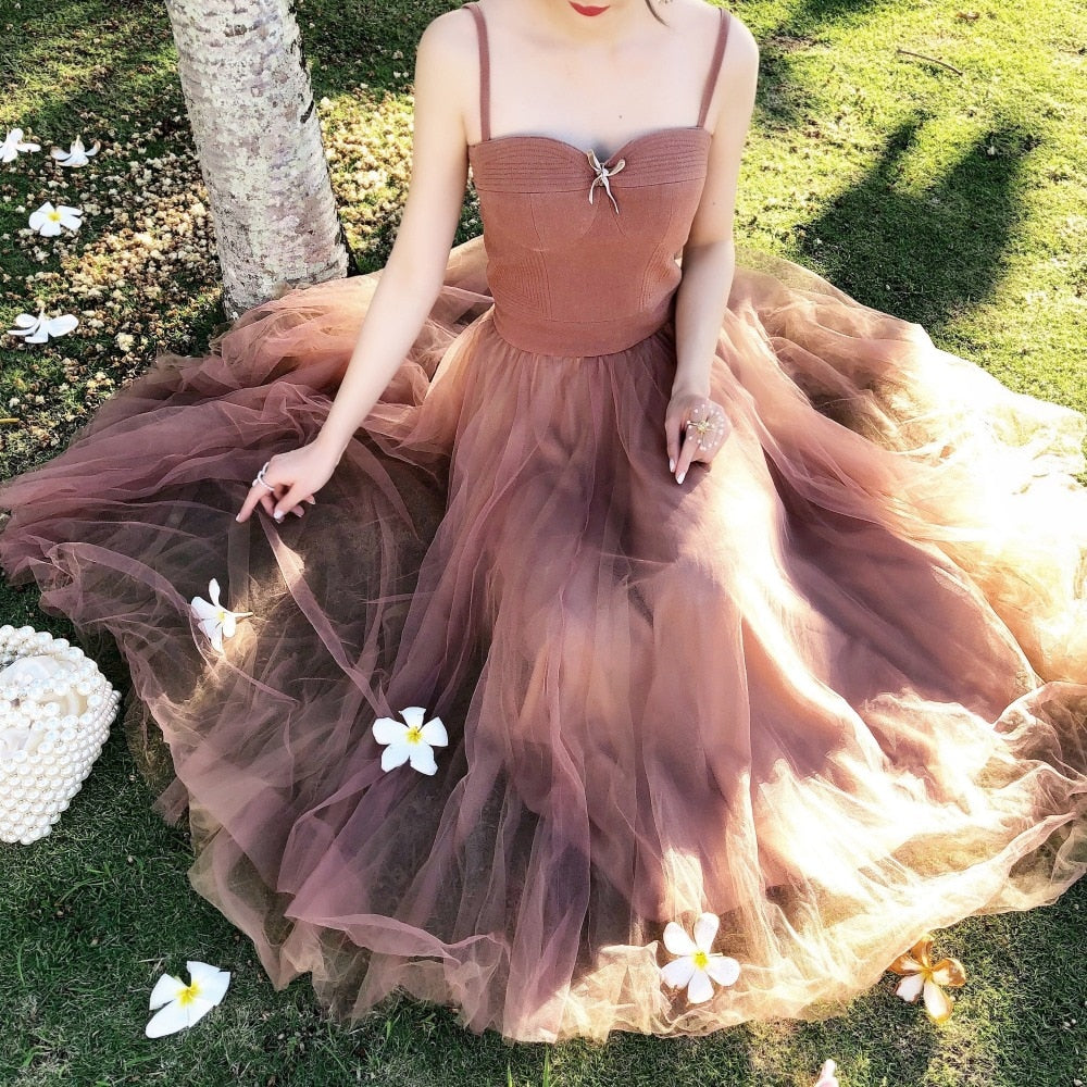 Spaghetti strap large swing Holiday Beach Long dress Fairy Sling Mesh Dress Female SummerSeaside High Waistdress | Vimost Shop.
