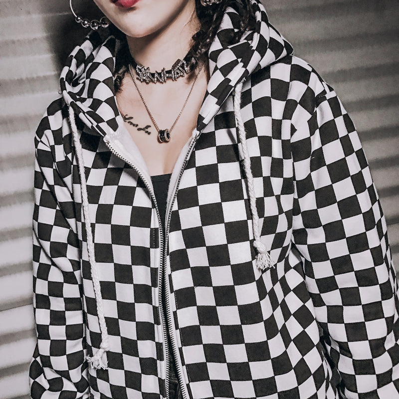 Mens Harajuku Hip Hop Zip Up Hoodie Sweatshirt Black White Checkerboard Plaid Hoodie Streetwear Fleece Hooded Hipster | Vimost Shop.
