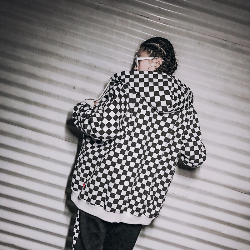 Mens Harajuku Hip Hop Zip Up Hoodie Sweatshirt Black White Checkerboard Plaid Hoodie Streetwear Fleece Hooded Hipster | Vimost Shop.