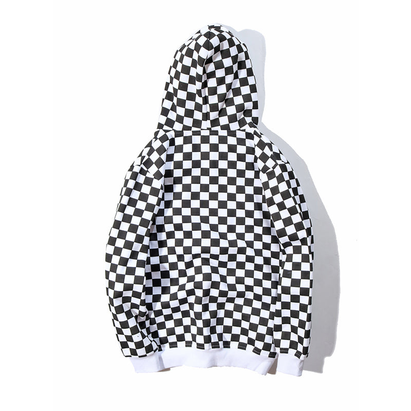 Mens Harajuku Hip Hop Zip Up Hoodie Sweatshirt Black White Checkerboard Plaid Hoodie Streetwear Fleece Hooded Hipster | Vimost Shop.