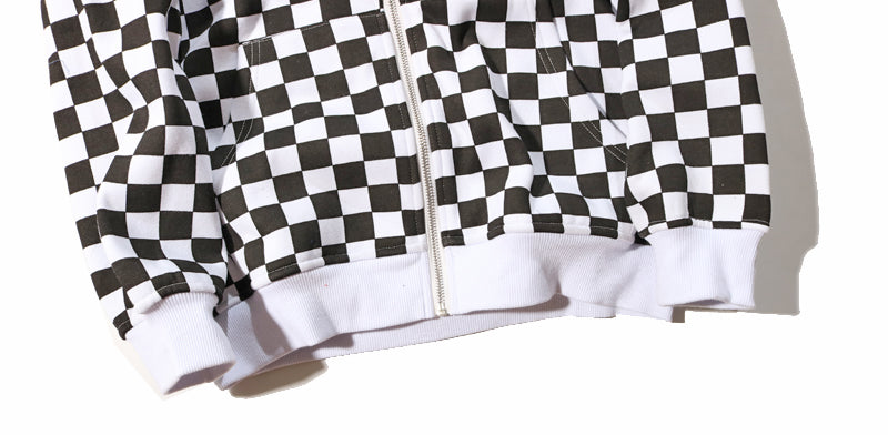 Mens Harajuku Hip Hop Zip Up Hoodie Sweatshirt Black White Checkerboard Plaid Hoodie Streetwear Fleece Hooded Hipster | Vimost Shop.