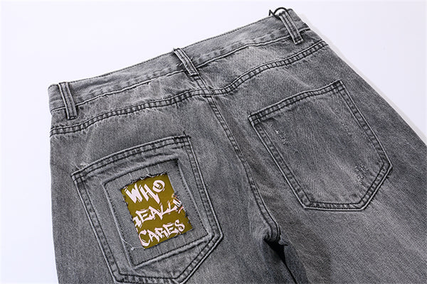 Hip Hop Men Jogger Denim Pants Skinny Washed Distressed Jeans Graffiti Print Streetwear Destroyed Ripped Jeans | Vimost Shop.