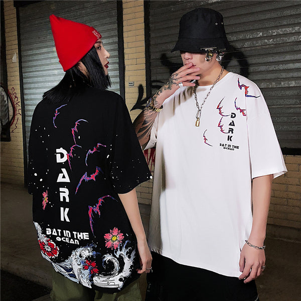 Men Streetwear Japanese Sakura Waves Tshirt Short Sleeve Cotton Harajuku T-Shirt Oversize Japan Tees | Vimost Shop.