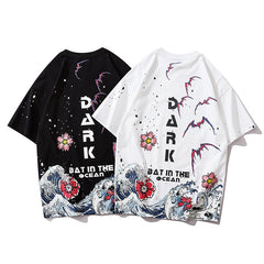 Men Streetwear Japanese Sakura Waves Tshirt Short Sleeve Cotton Harajuku T-Shirt Oversize Japan Tees