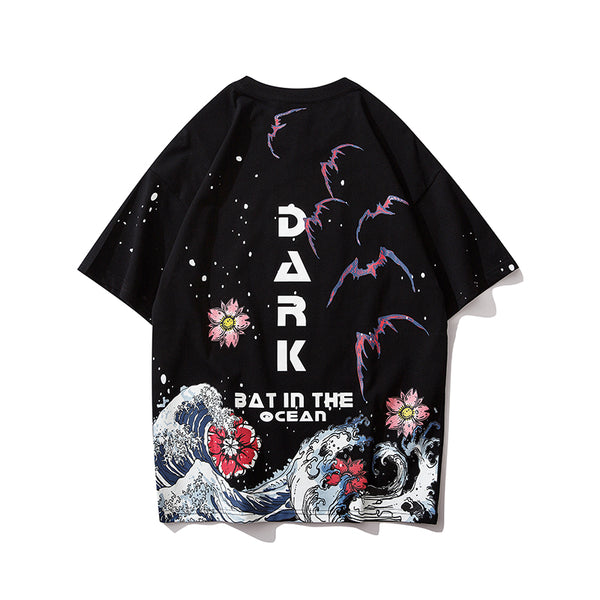 Men Streetwear Japanese Sakura Waves Tshirt Short Sleeve Cotton Harajuku T-Shirt Oversize Japan Tees | Vimost Shop.