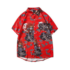 Japanese Style Cat Samuri Shirt  Men Hip Hop Streetwear Harajuku Shirt Summer Short Sleeve Korean Shirt Tops
