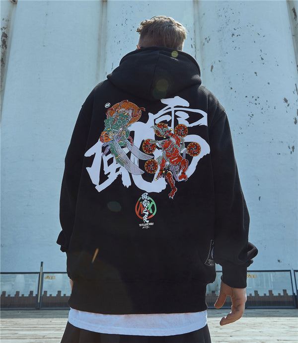 Embroidery Japanese Wind Thunder Devil Hoodie Streetwear Harajuku Hip Hop Chinese Style Hooded Sweatshirts Men Oversize | Vimost Shop.