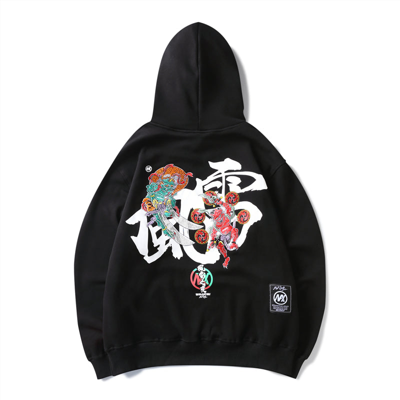 Embroidery Japanese Wind Thunder Devil Hoodie Streetwear Harajuku Hip Hop Chinese Style Hooded Sweatshirts Men Oversize | Vimost Shop.
