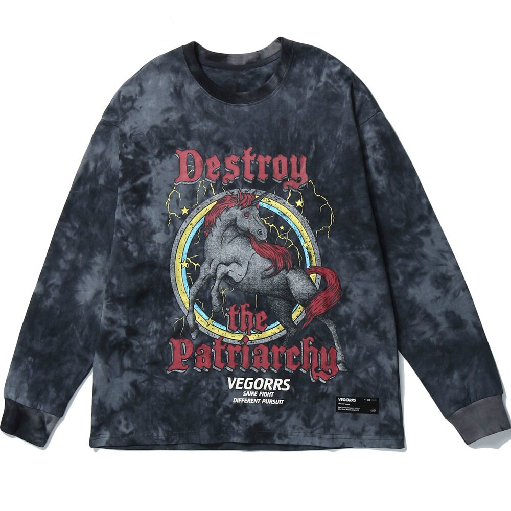 Hip Hop T Shirt Men Streetwear Print Wild Horse Long Sleeve Tees Harajuku Cotton Loose Tshirts Tie Dye Mens Fashion Tops | Vimost Shop.