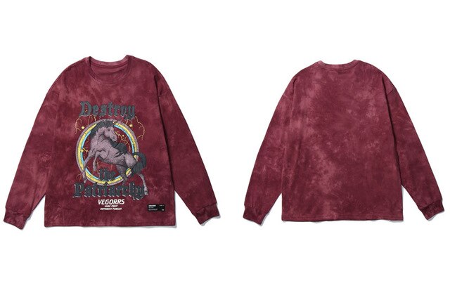 Hip Hop T Shirt Men Streetwear Print Wild Horse Long Sleeve Tees Harajuku Cotton Loose Tshirts Tie Dye Mens Fashion Tops | Vimost Shop.
