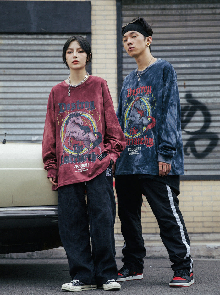 Hip Hop T Shirt Men Streetwear Print Wild Horse Long Sleeve Tees Harajuku Cotton Loose Tshirts Tie Dye Mens Fashion Tops | Vimost Shop.